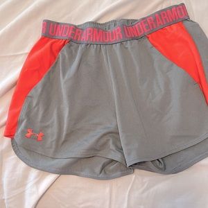 Hot pink and grey Under Armour women’s loose fit shorts, size small, pockets